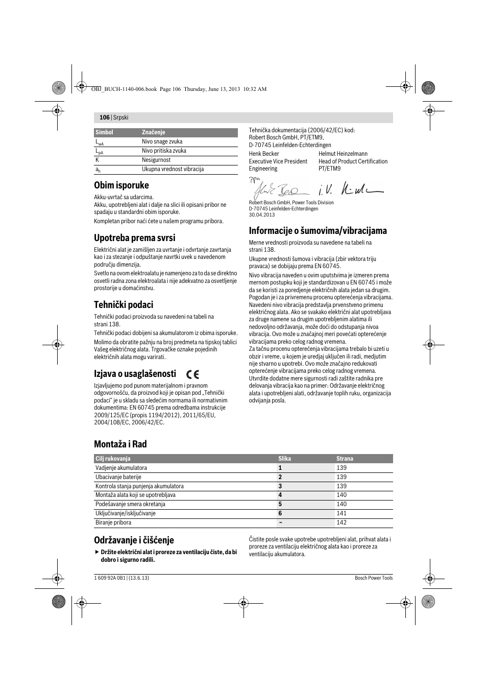 Obim isporuke, Upotreba prema svrsi, Tehnički podaci | Izjava o usaglašenosti, Informacije o šumovima/vibracijama, Montaža i rad održavanje i čišćenje | Bosch GDS 18 V-LI HT Professional User Manual | Page 106 / 142