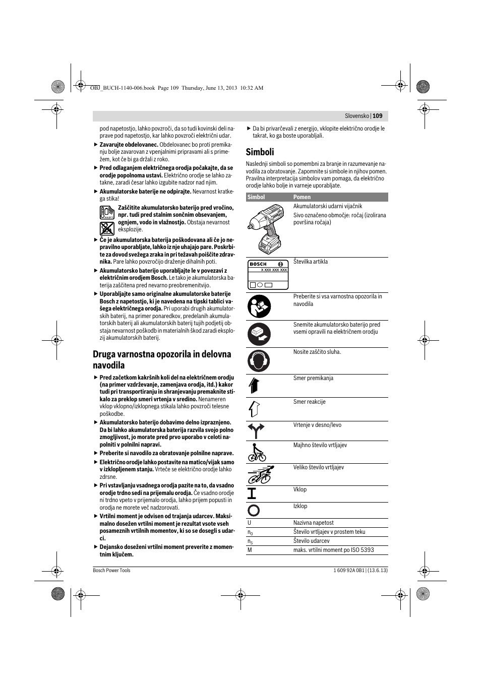 Druga varnostna opozorila in delovna navodila, Simboli | Bosch GDS 18 V-LI HT Professional User Manual | Page 109 / 142