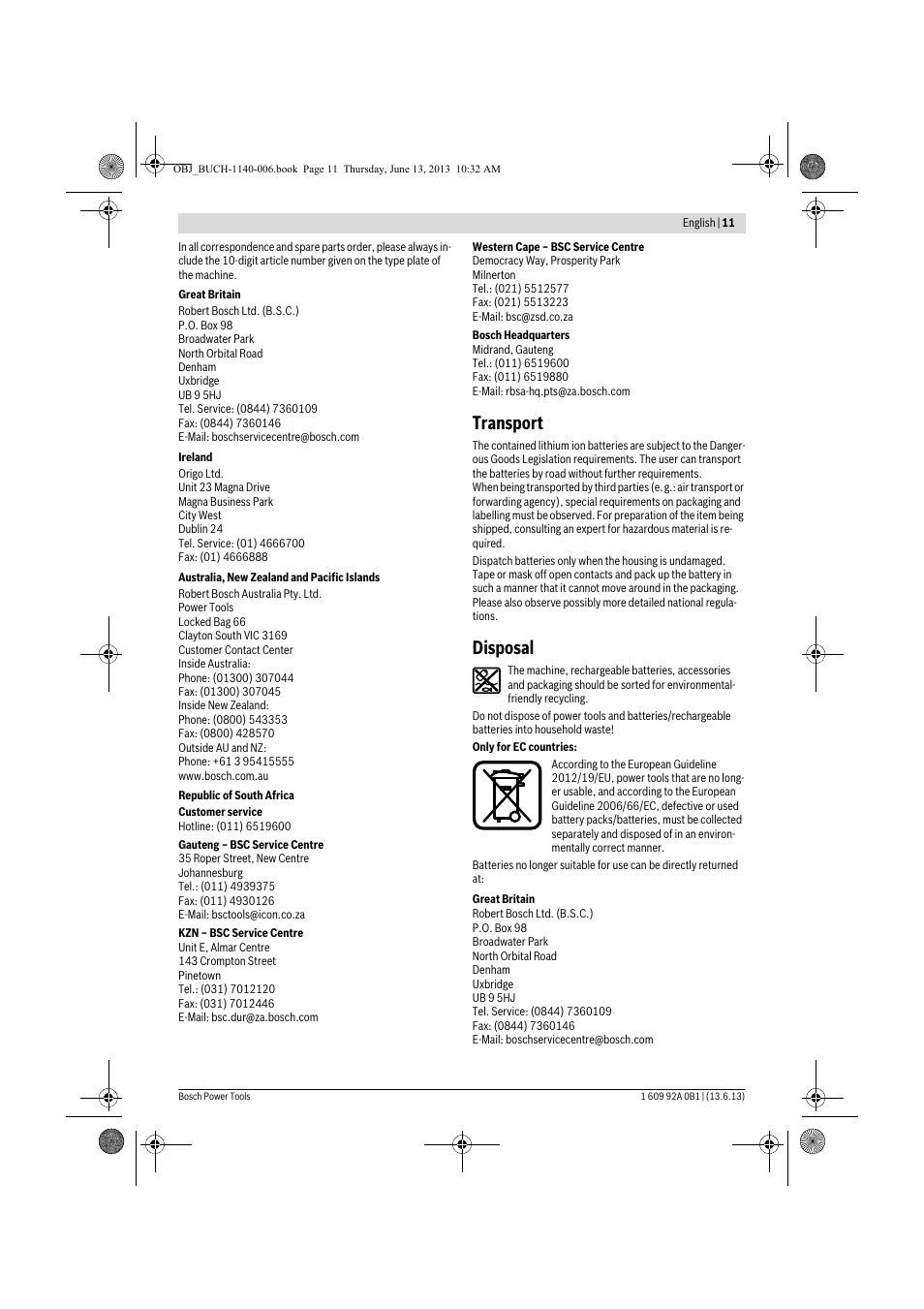 Transport, Disposal | Bosch GDS 18 V-LI HT Professional User Manual | Page 11 / 142