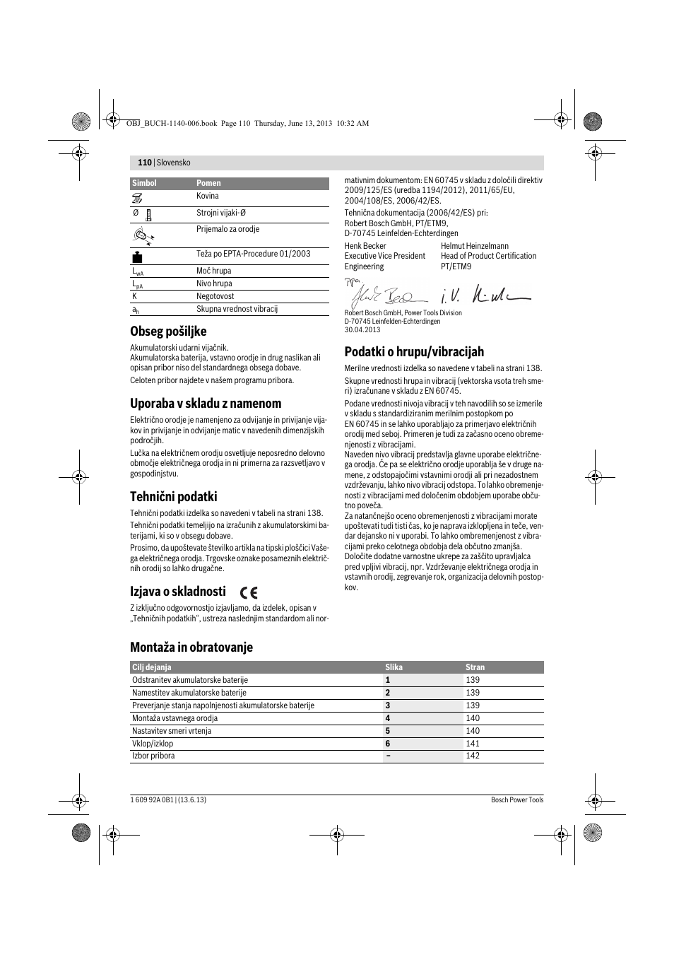 Obseg pošiljke, Uporaba v skladu z namenom, Tehnični podatki | Izjava o skladnosti, Podatki o hrupu/vibracijah, Montaža in obratovanje | Bosch GDS 18 V-LI HT Professional User Manual | Page 110 / 142