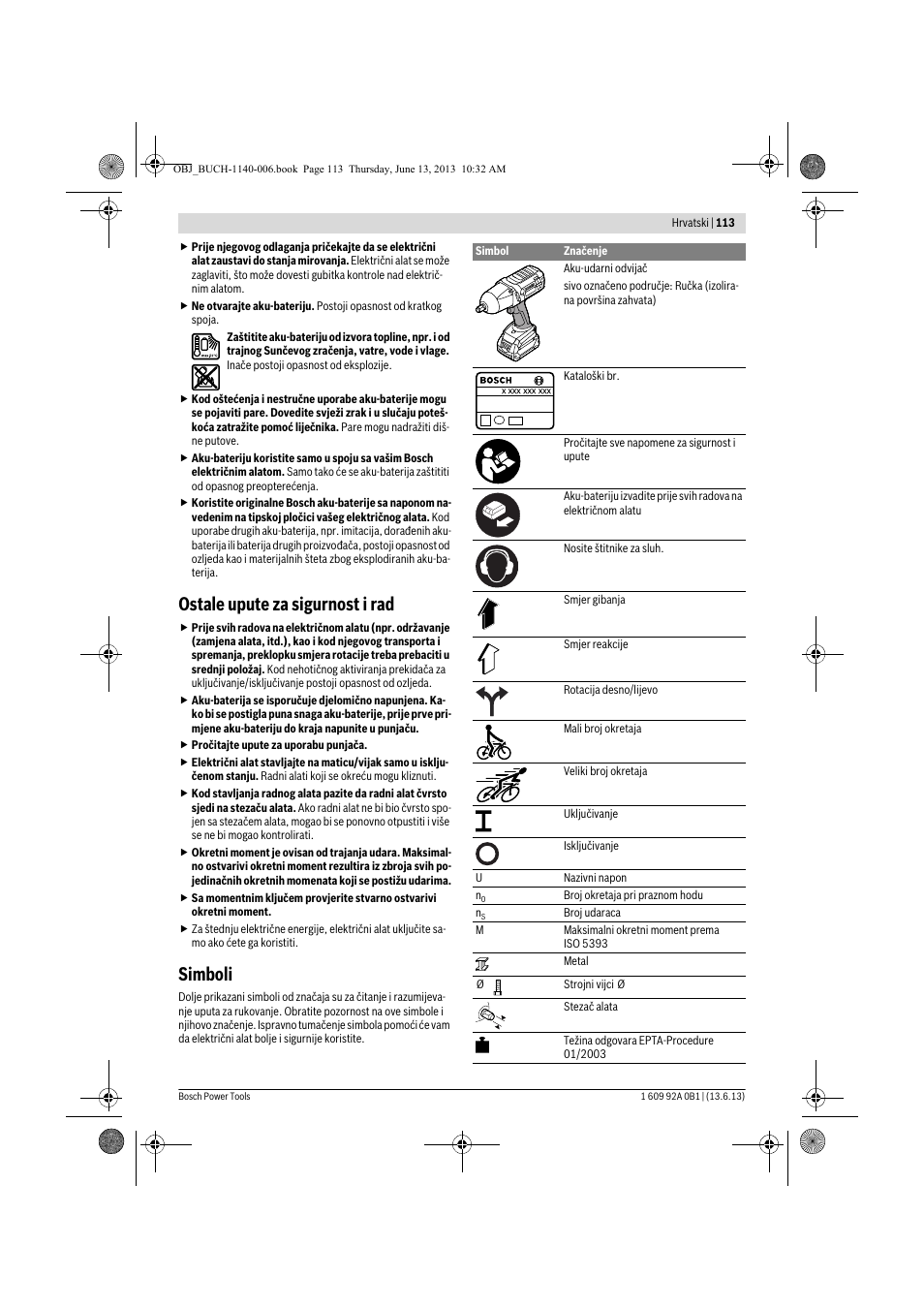 Ostale upute za sigurnost i rad, Simboli | Bosch GDS 18 V-LI HT Professional User Manual | Page 113 / 142