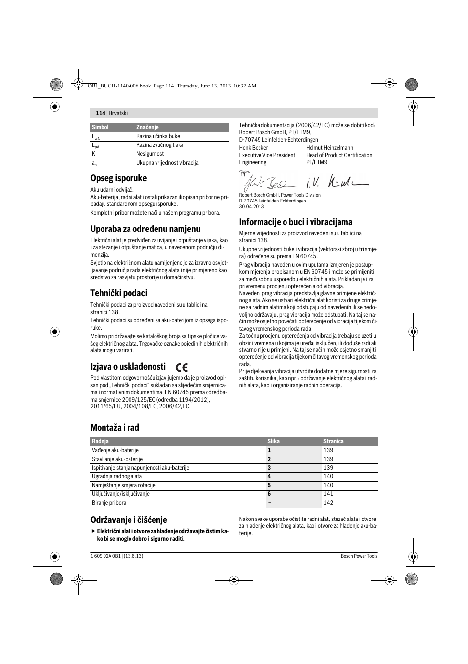 Opseg isporuke, Uporaba za određenu namjenu, Tehnički podaci | Izjava o usklađenosti, Informacije o buci i vibracijama, Montaža i rad održavanje i čišćenje | Bosch GDS 18 V-LI HT Professional User Manual | Page 114 / 142