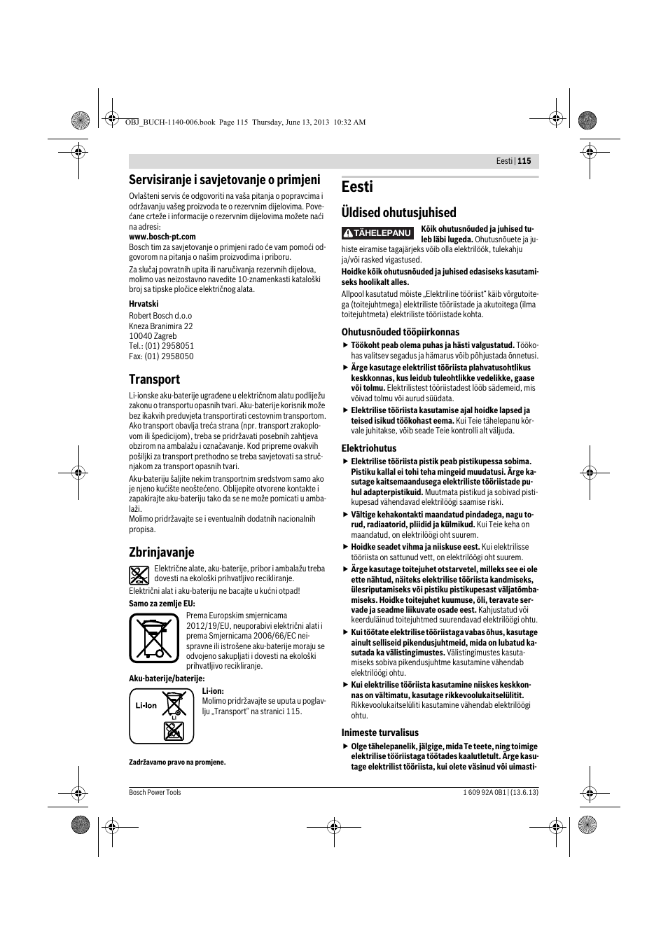 Eesti, Servisiranje i savjetovanje o primjeni, Transport | Zbrinjavanje, Üldised ohutusjuhised | Bosch GDS 18 V-LI HT Professional User Manual | Page 115 / 142