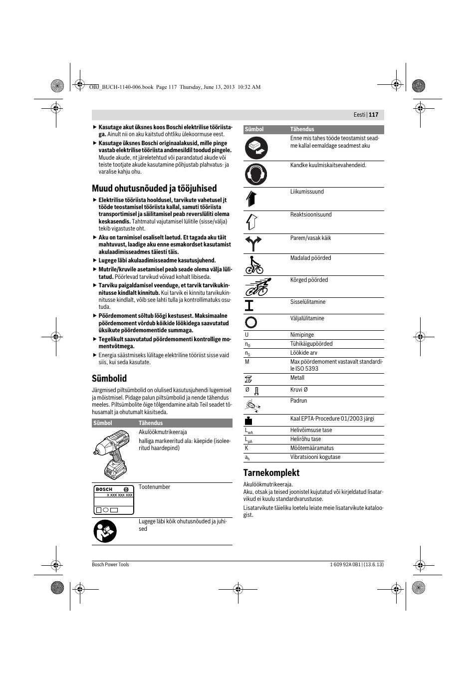 Muud ohutusnõuded ja tööjuhised, Sümbolid, Tarnekomplekt | Bosch GDS 18 V-LI HT Professional User Manual | Page 117 / 142