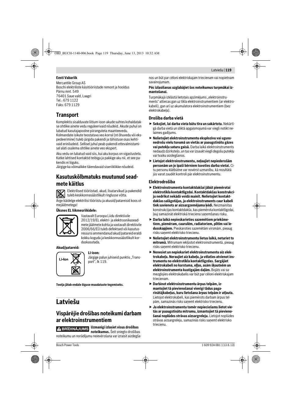 Latviešu, Transport, Kasutuskõlbmatuks muutunud sead- mete käitlus | Bosch GDS 18 V-LI HT Professional User Manual | Page 119 / 142