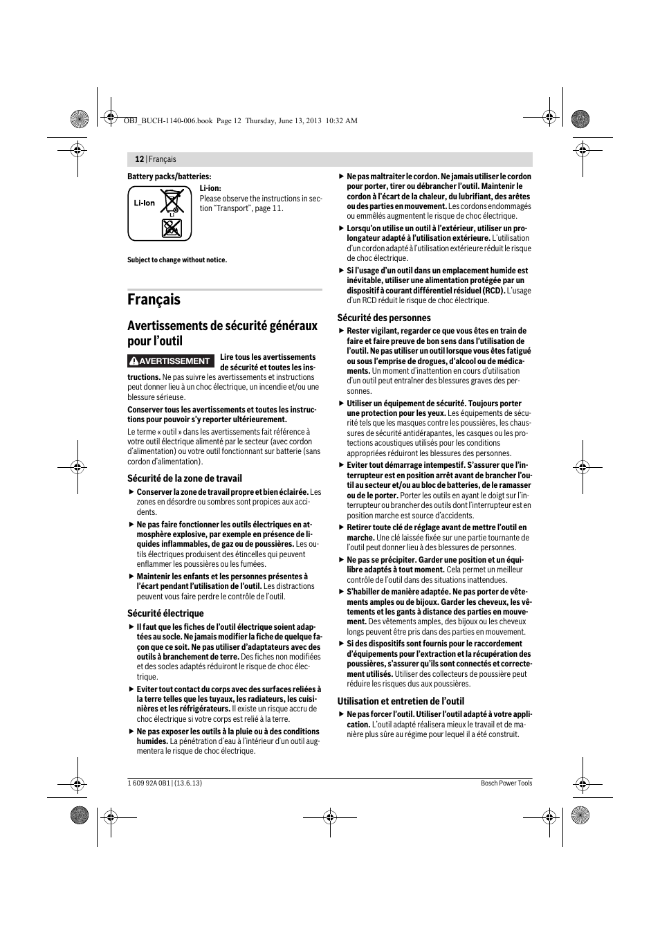 Français, Avertissements de sécurité généraux pour l’outil | Bosch GDS 18 V-LI HT Professional User Manual | Page 12 / 142