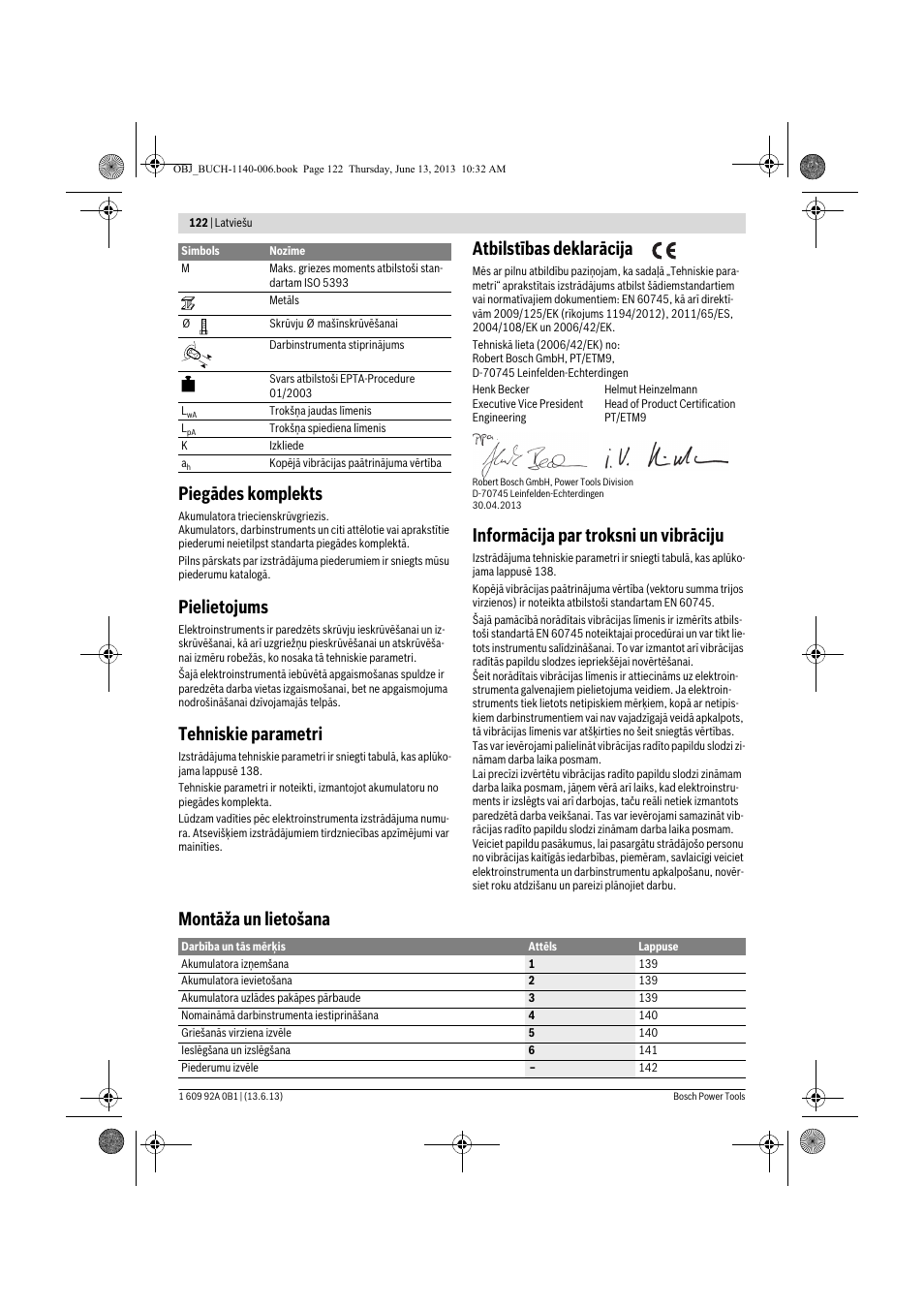 Piegādes komplekts, Pielietojums, Tehniskie parametri | Atbilstības deklarācija, Informācija par troksni un vibrāciju, Montāža un lietošana | Bosch GDS 18 V-LI HT Professional User Manual | Page 122 / 142