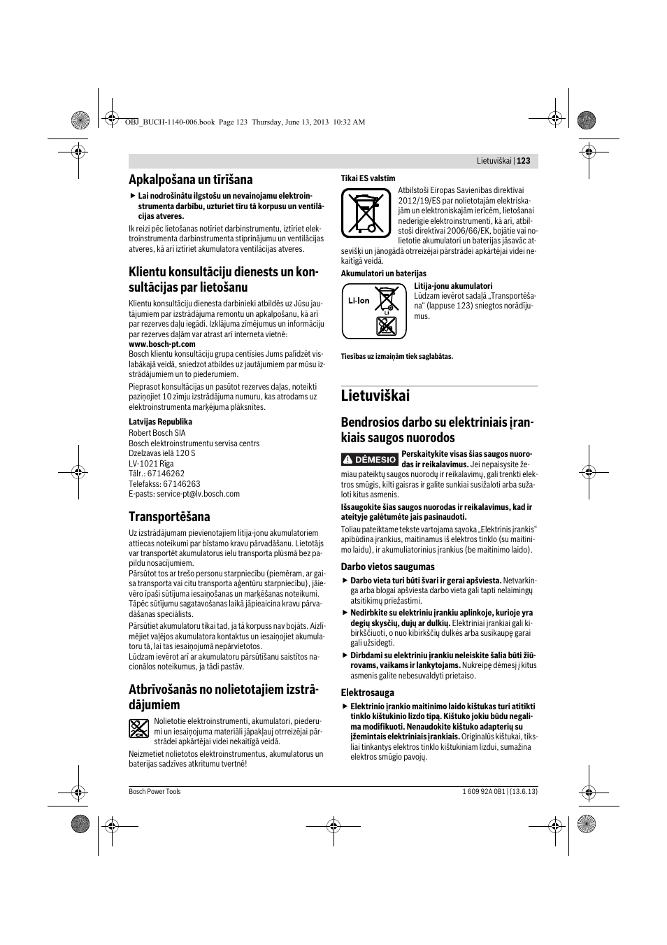 Lietuviškai, Apkalpošana un tīrīšana, Transportēšana | Atbrīvošanās no nolietotajiem izstrā- dājumiem | Bosch GDS 18 V-LI HT Professional User Manual | Page 123 / 142