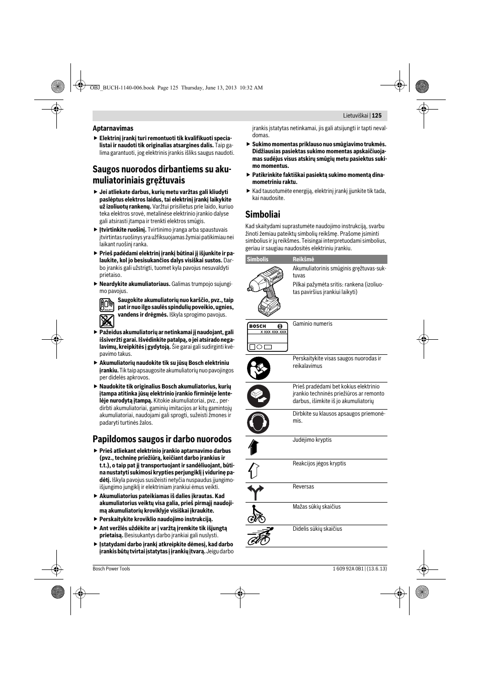 Papildomos saugos ir darbo nuorodos, Simboliai | Bosch GDS 18 V-LI HT Professional User Manual | Page 125 / 142