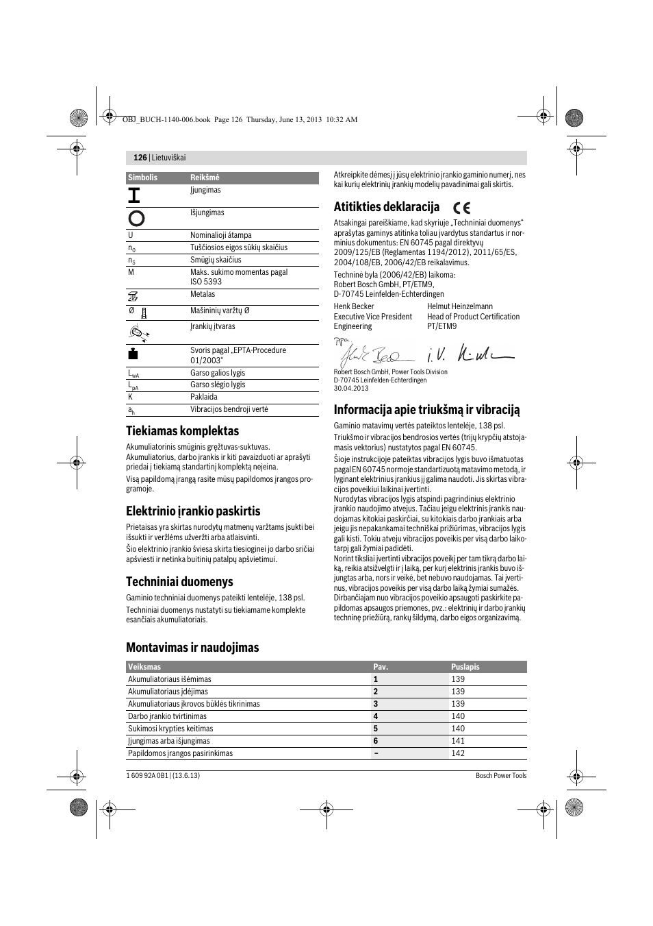 Tiekiamas komplektas, Elektrinio įrankio paskirtis, Techniniai duomenys | Atitikties deklaracija, Informacija apie triukšmą ir vibraciją, Montavimas ir naudojimas | Bosch GDS 18 V-LI HT Professional User Manual | Page 126 / 142