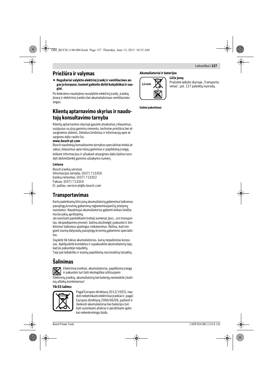 Priežiūra ir valymas, Transportavimas, Šalinimas | Bosch GDS 18 V-LI HT Professional User Manual | Page 127 / 142