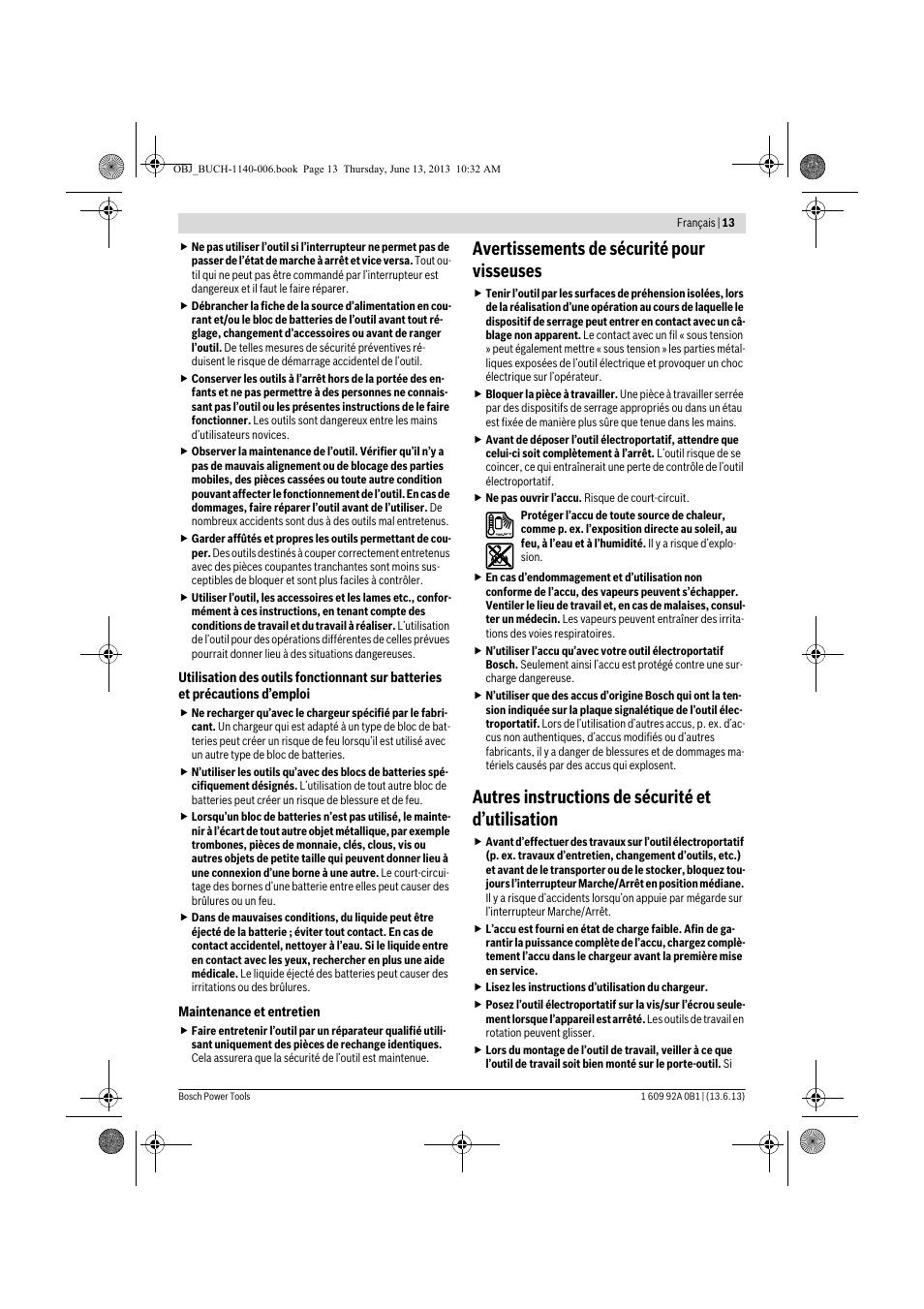 Avertissements de sécurité pour visseuses, Autres instructions de sécurité et d’utilisation | Bosch GDS 18 V-LI HT Professional User Manual | Page 13 / 142