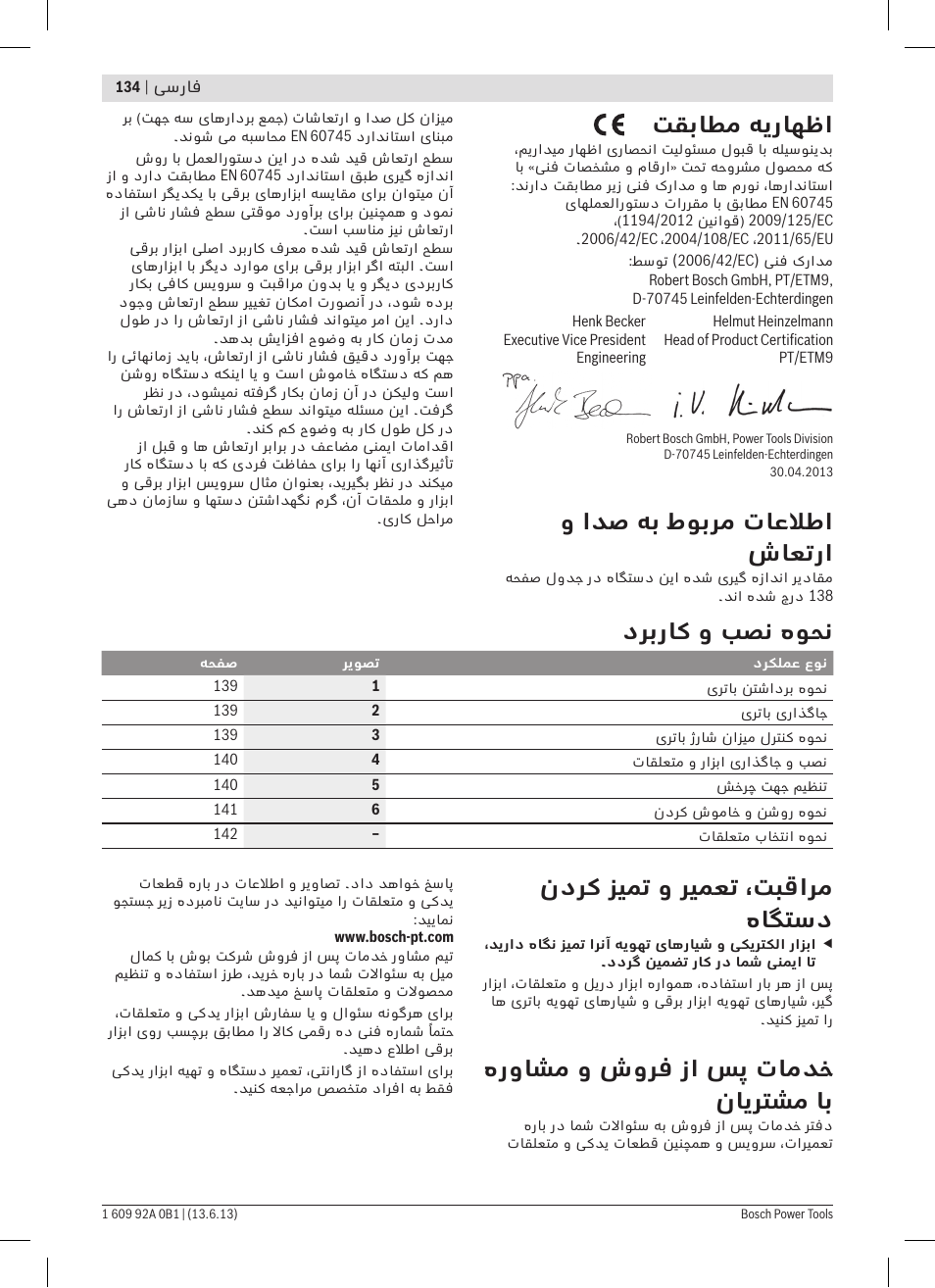 ندرک زیمت و ریمعت ،تبقارم هاگتسد, هرواشم و شورف زا سپ تامدخ نایرتشم اب, تقباطم هیراهظا | و ادص هب طوبرم تاعلاطا شاعترا, دربراک و بصن هوحن | Bosch GDS 18 V-LI HT Professional User Manual | Page 134 / 142