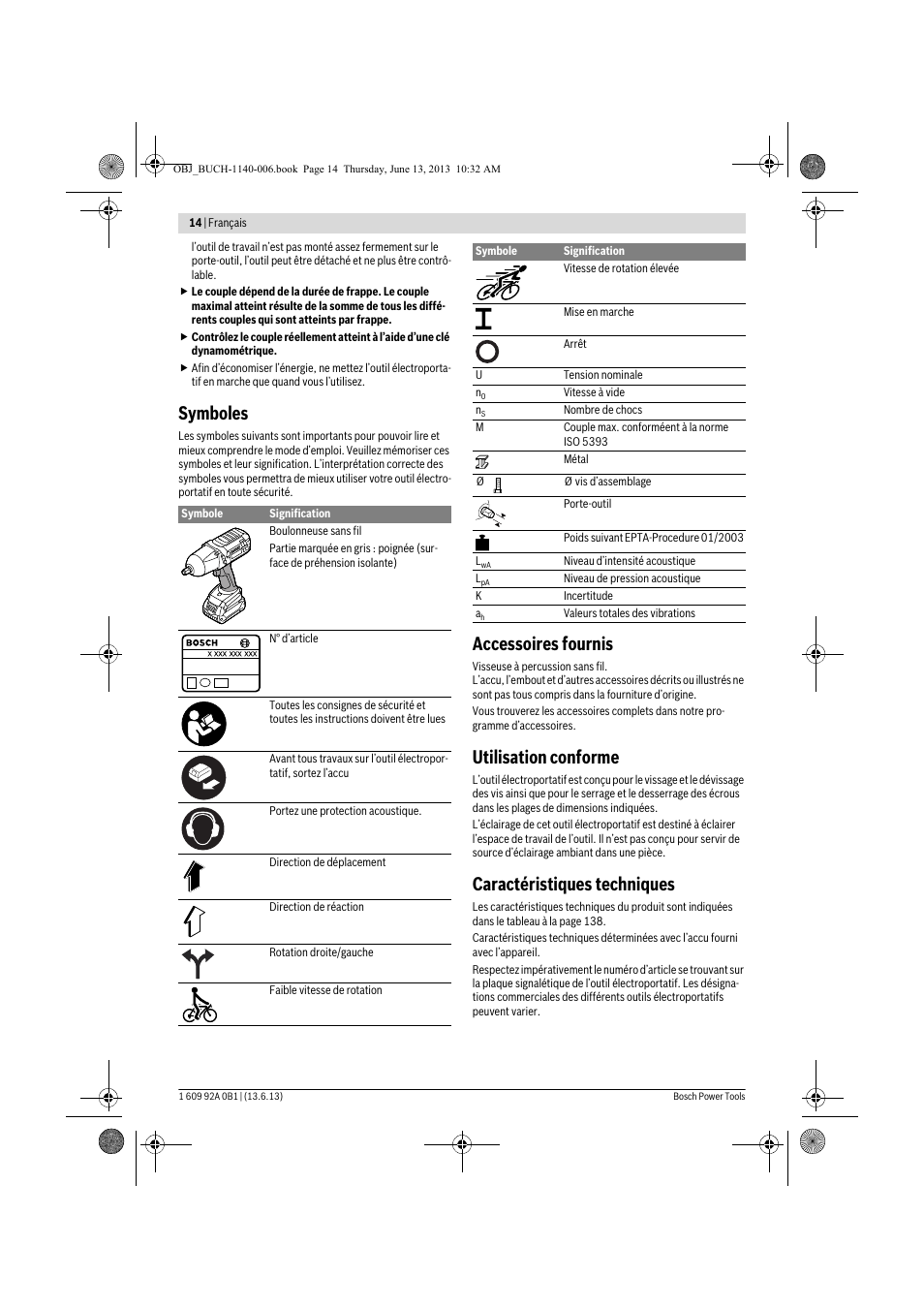 Symboles, Accessoires fournis, Utilisation conforme | Caractéristiques techniques | Bosch GDS 18 V-LI HT Professional User Manual | Page 14 / 142