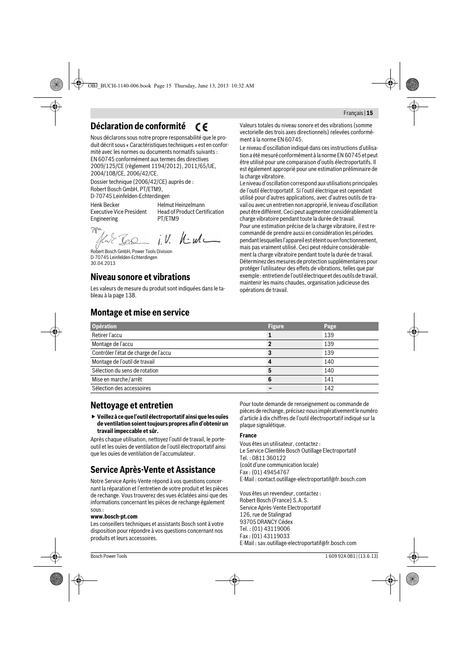 Déclaration de conformité, Niveau sonore et vibrations, Montage et mise en service nettoyage et entretien | Service après-vente et assistance | Bosch GDS 18 V-LI HT Professional User Manual | Page 15 / 142