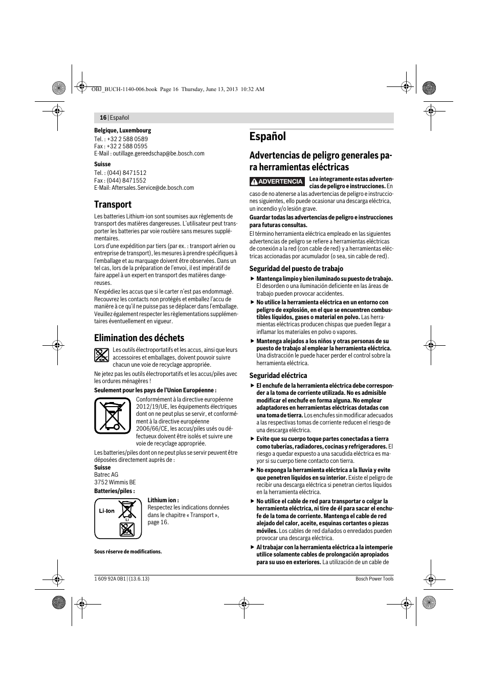 Español, Transport, Elimination des déchets | Bosch GDS 18 V-LI HT Professional User Manual | Page 16 / 142