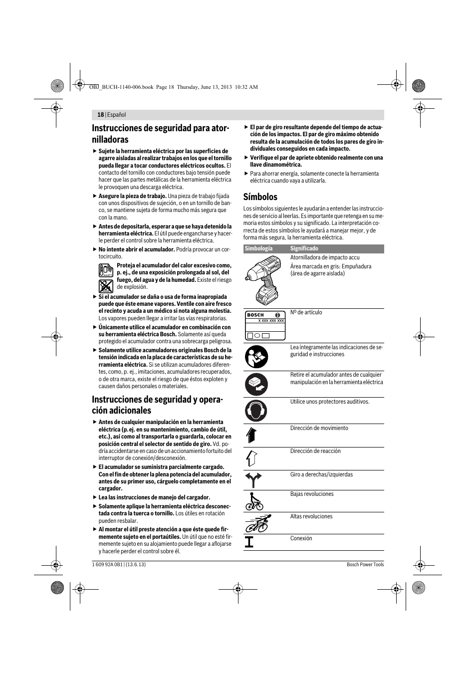 Instrucciones de seguridad para ator- nilladoras, Símbolos | Bosch GDS 18 V-LI HT Professional User Manual | Page 18 / 142