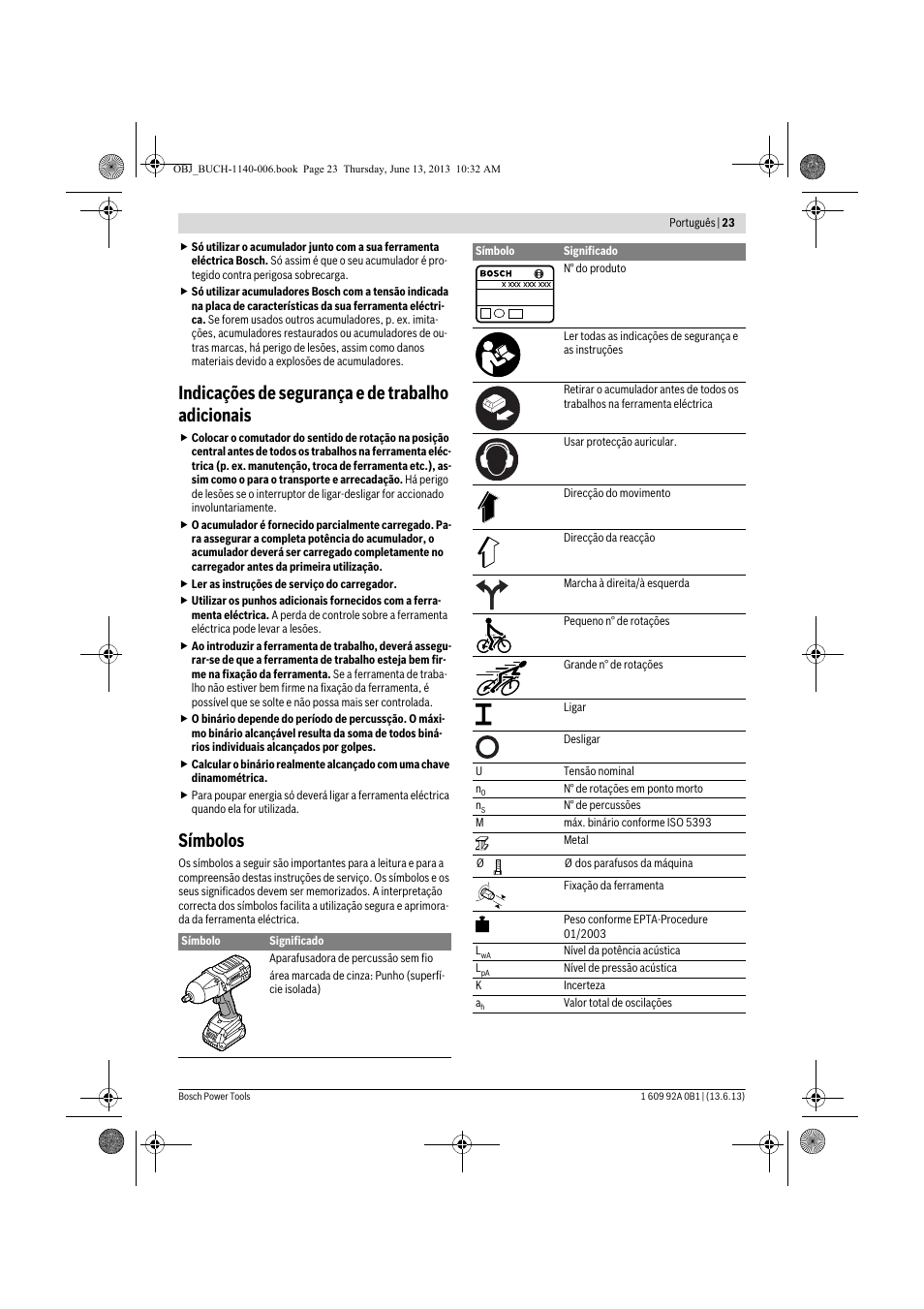 Indicações de segurança e de trabalho adicionais, Símbolos | Bosch GDS 18 V-LI HT Professional User Manual | Page 23 / 142