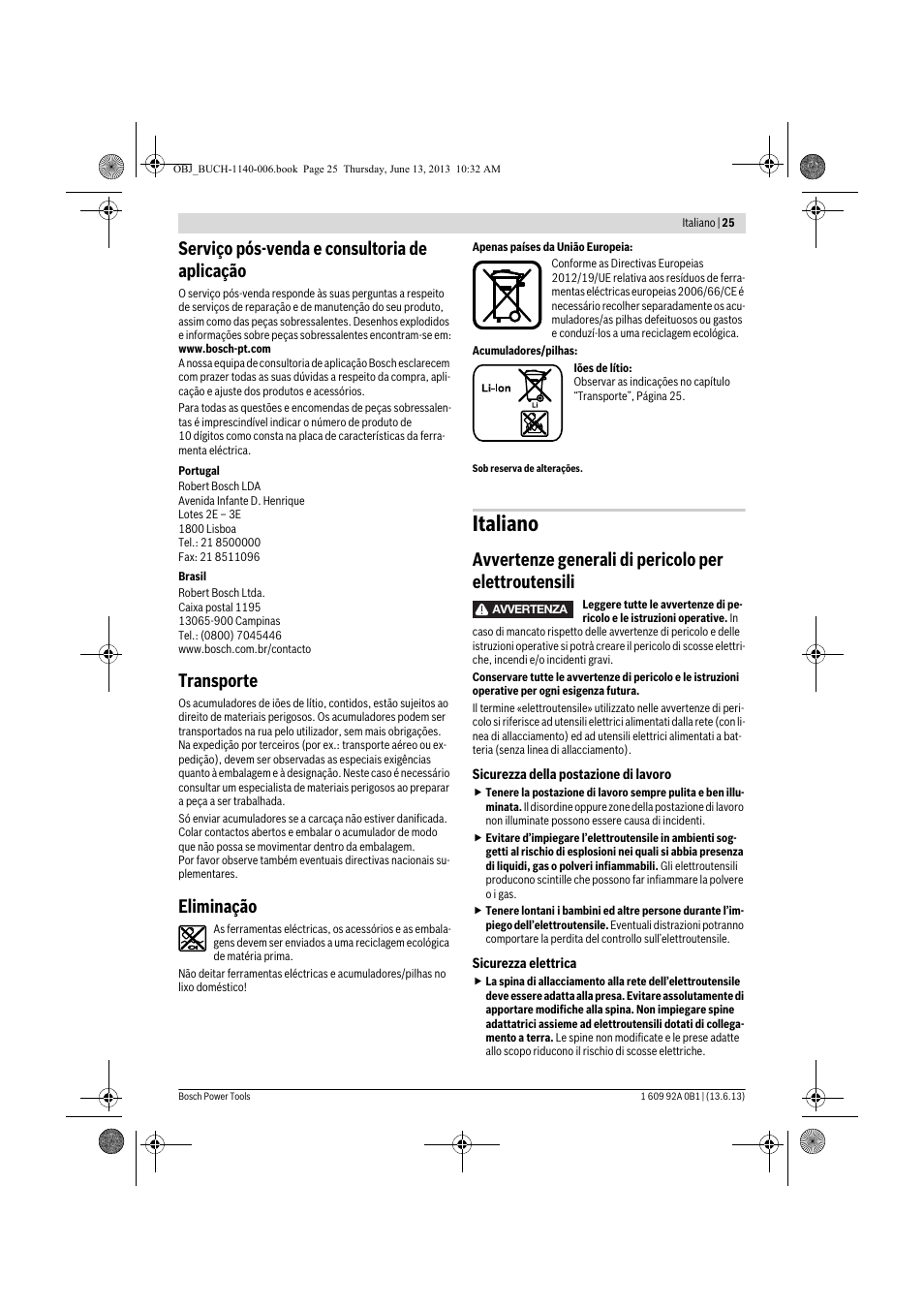 Italiano, Serviço pós-venda e consultoria de aplicação, Transporte | Eliminação | Bosch GDS 18 V-LI HT Professional User Manual | Page 25 / 142