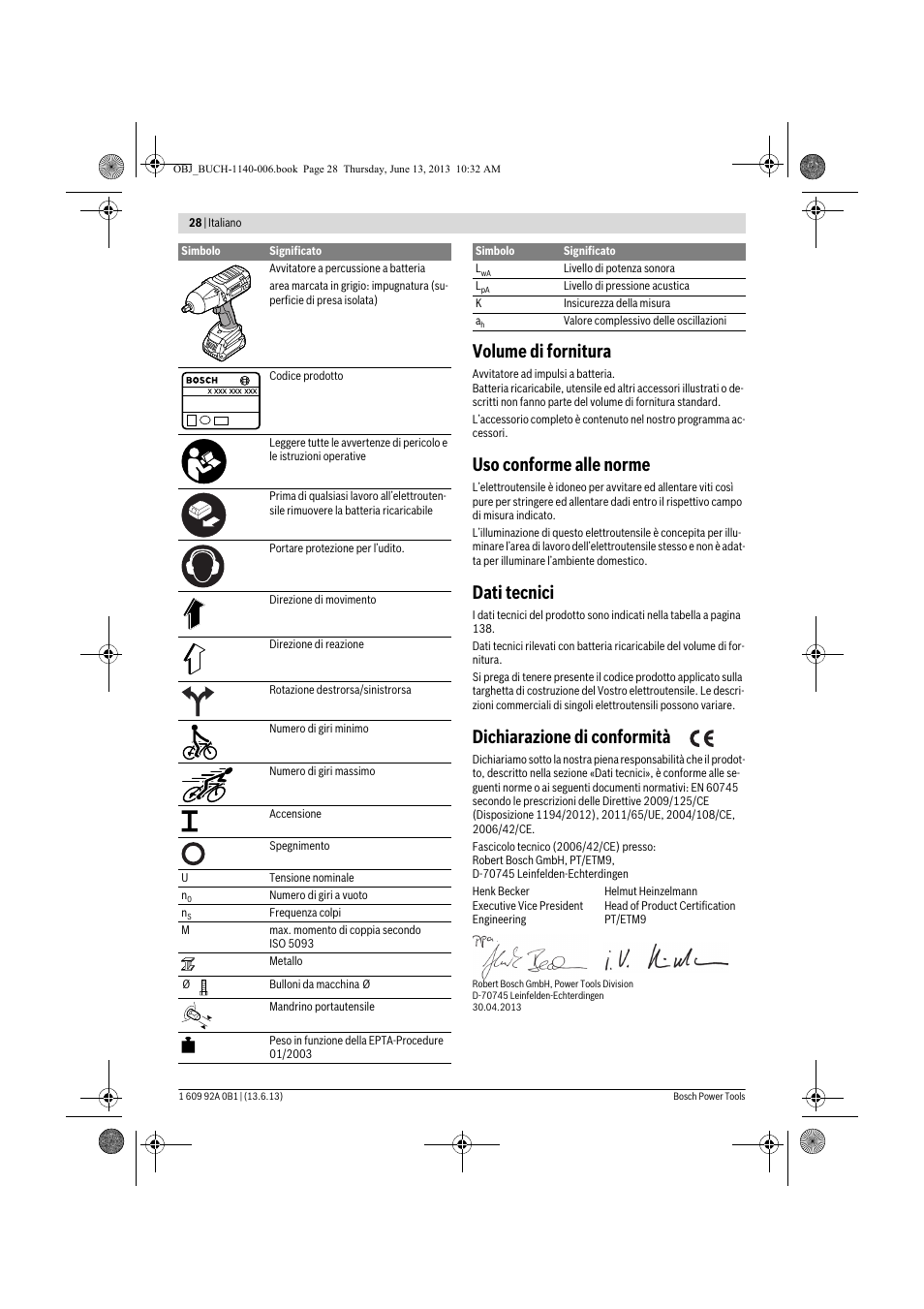 Volume di fornitura, Uso conforme alle norme, Dati tecnici | Dichiarazione di conformità | Bosch GDS 18 V-LI HT Professional User Manual | Page 28 / 142