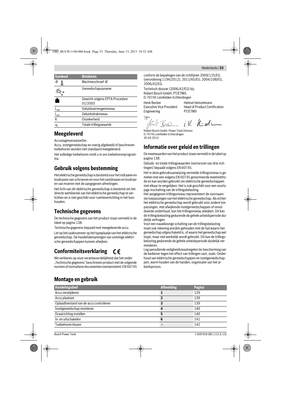 Meegeleverd, Gebruik volgens bestemming, Technische gegevens | Conformiteitsverklaring, Informatie over geluid en trillingen, Montage en gebruik | Bosch GDS 18 V-LI HT Professional User Manual | Page 33 / 142