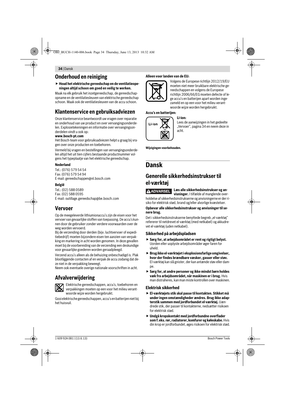 Dansk, Onderhoud en reiniging, Klantenservice en gebruiksadviezen | Vervoer, Afvalverwijdering, Generelle sikkerhedsinstrukser til el-værktøj | Bosch GDS 18 V-LI HT Professional User Manual | Page 34 / 142