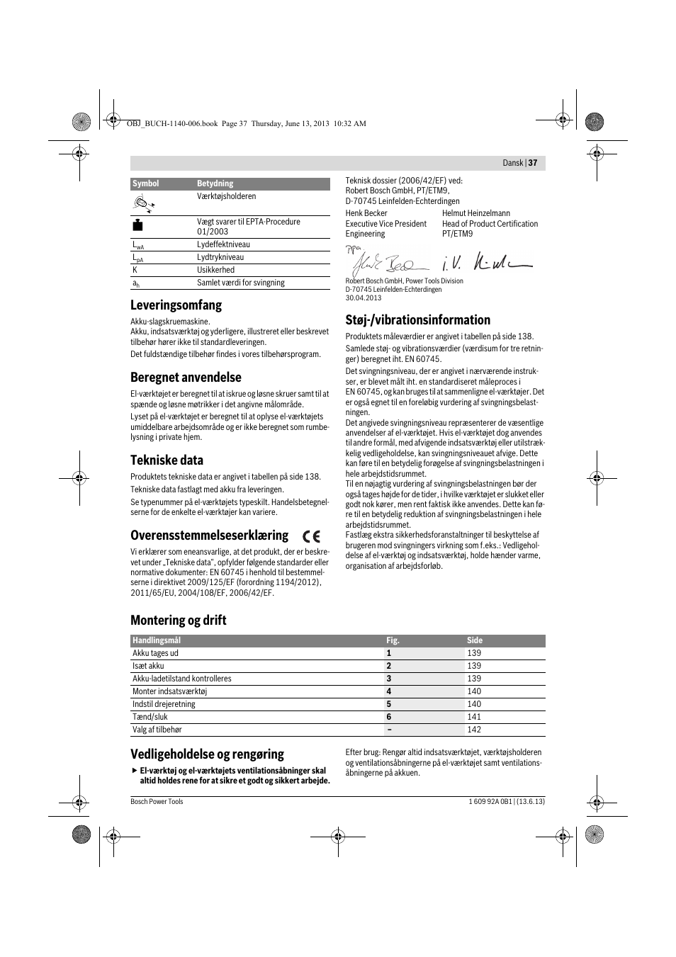 Leveringsomfang, Beregnet anvendelse, Tekniske data | Overensstemmelseserklæring, Støj-/vibrationsinformation, Montering og drift vedligeholdelse og rengøring | Bosch GDS 18 V-LI HT Professional User Manual | Page 37 / 142