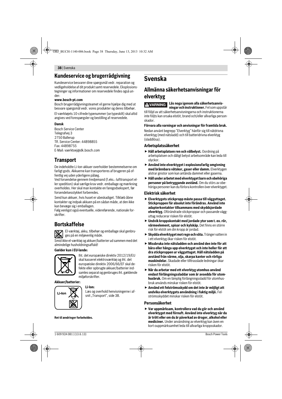 Svenska, Kundeservice og brugerrådgivning, Transport | Bortskaffelse, Allmänna säkerhetsanvisningar för elverktyg | Bosch GDS 18 V-LI HT Professional User Manual | Page 38 / 142