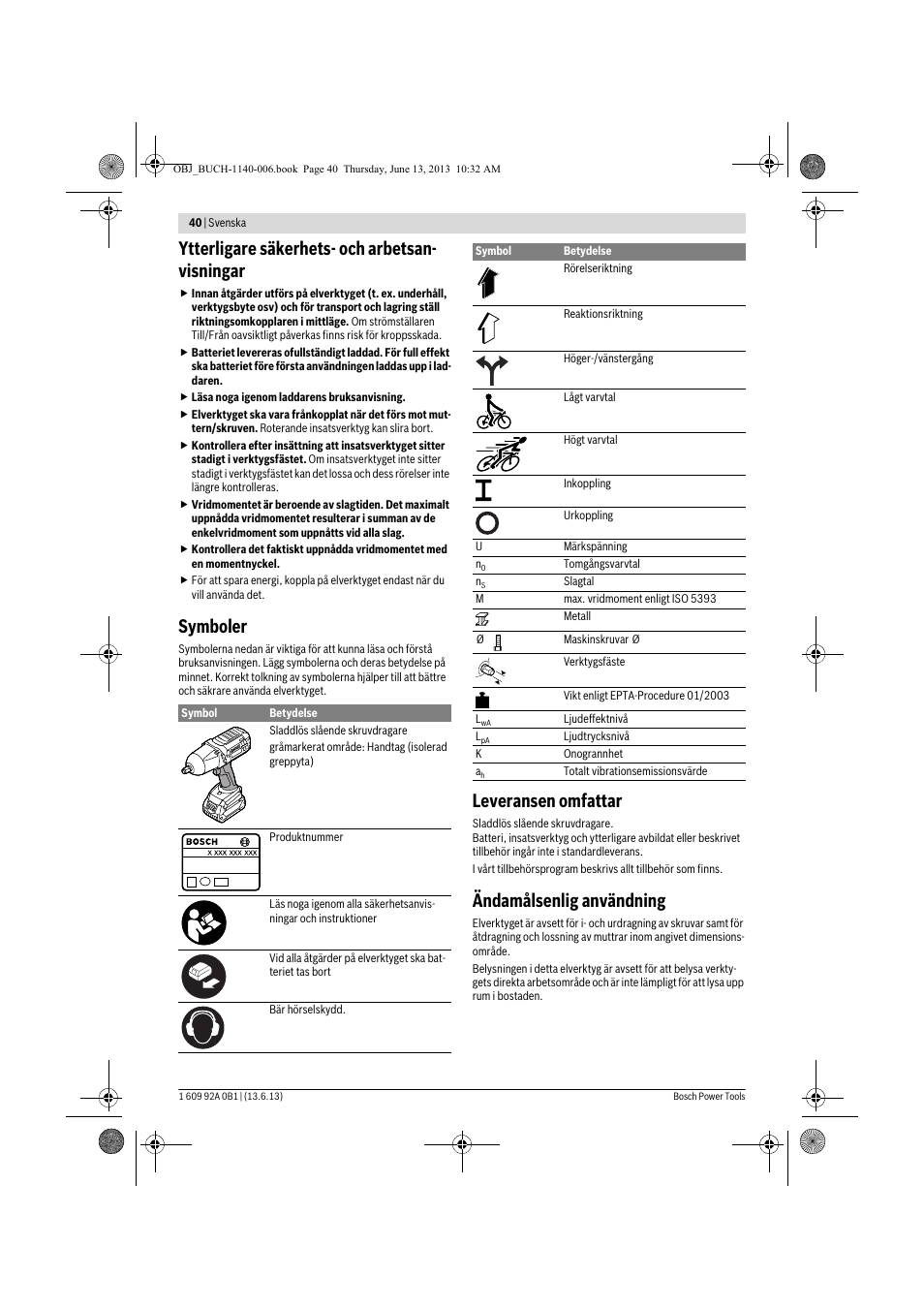 Ytterligare säkerhets- och arbetsan- visningar, Symboler, Leveransen omfattar | Ändamålsenlig användning | Bosch GDS 18 V-LI HT Professional User Manual | Page 40 / 142