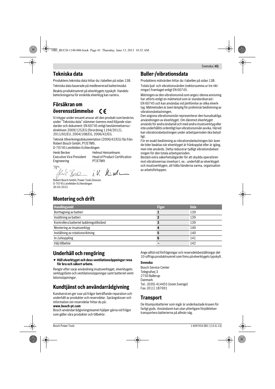 Tekniska data, Försäkran om överensstämmelse, Buller-/vibrationsdata | Montering och drift underhåll och rengöring, Kundtjänst och användarrådgivning, Transport | Bosch GDS 18 V-LI HT Professional User Manual | Page 41 / 142