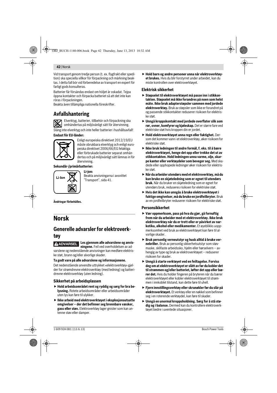 Norsk, Avfallshantering, Generelle advarsler for elektroverk- tøy | Bosch GDS 18 V-LI HT Professional User Manual | Page 42 / 142