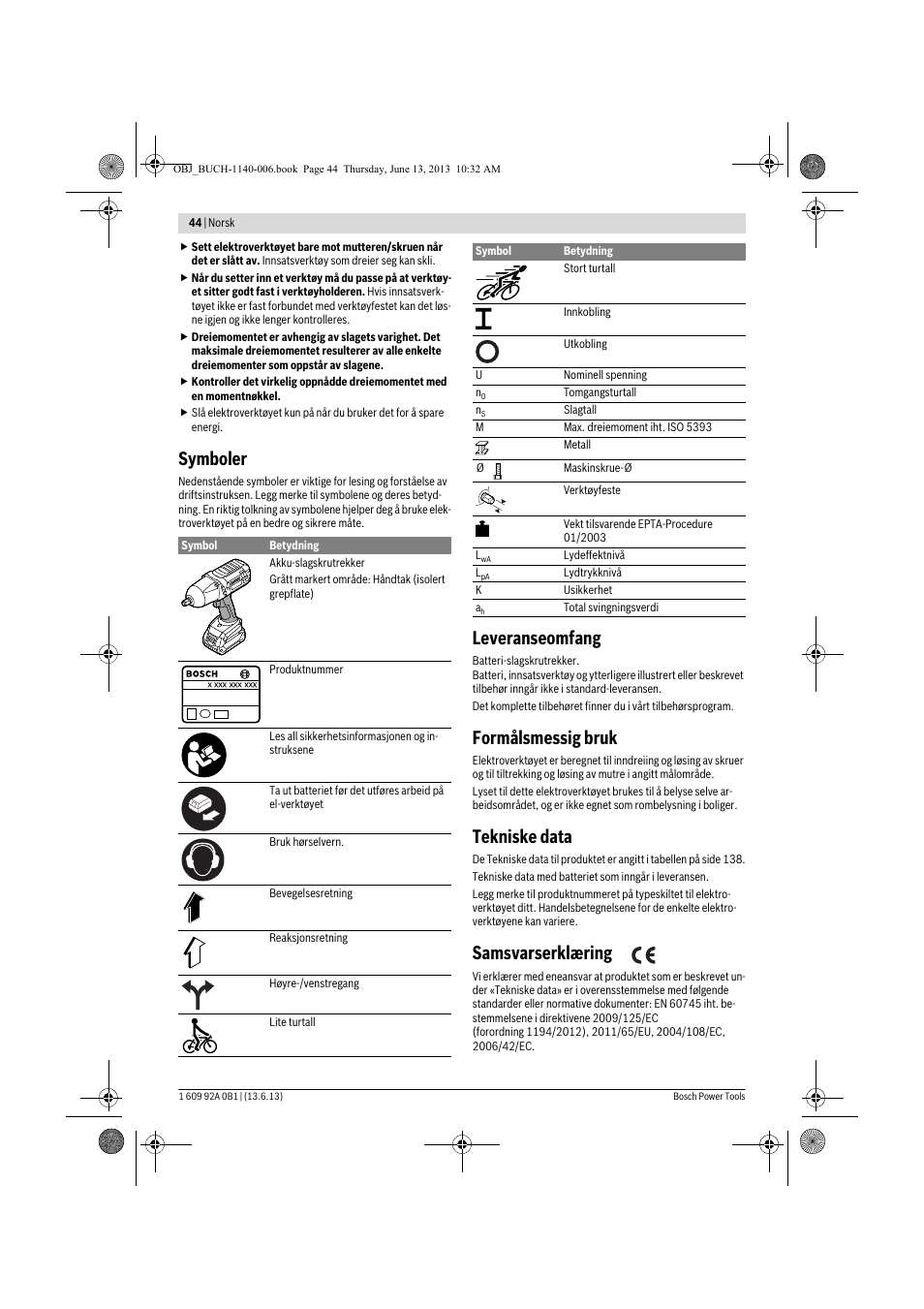 Symboler, Leveranseomfang, Formålsmessig bruk | Tekniske data, Samsvarserklæring | Bosch GDS 18 V-LI HT Professional User Manual | Page 44 / 142