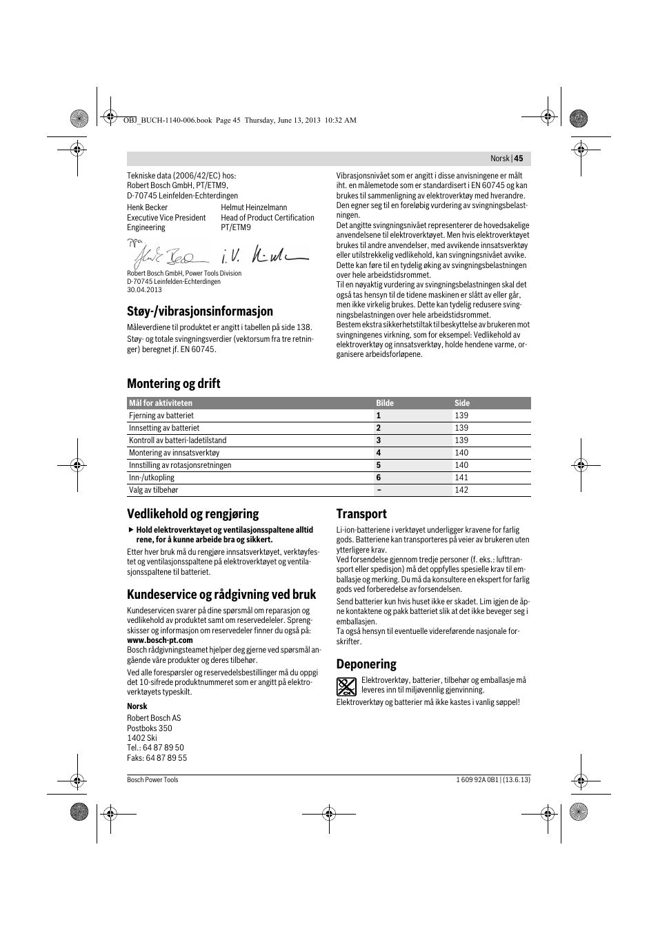 Støy-/vibrasjonsinformasjon, Montering og drift vedlikehold og rengjøring, Kundeservice og rådgivning ved bruk | Transport, Deponering | Bosch GDS 18 V-LI HT Professional User Manual | Page 45 / 142