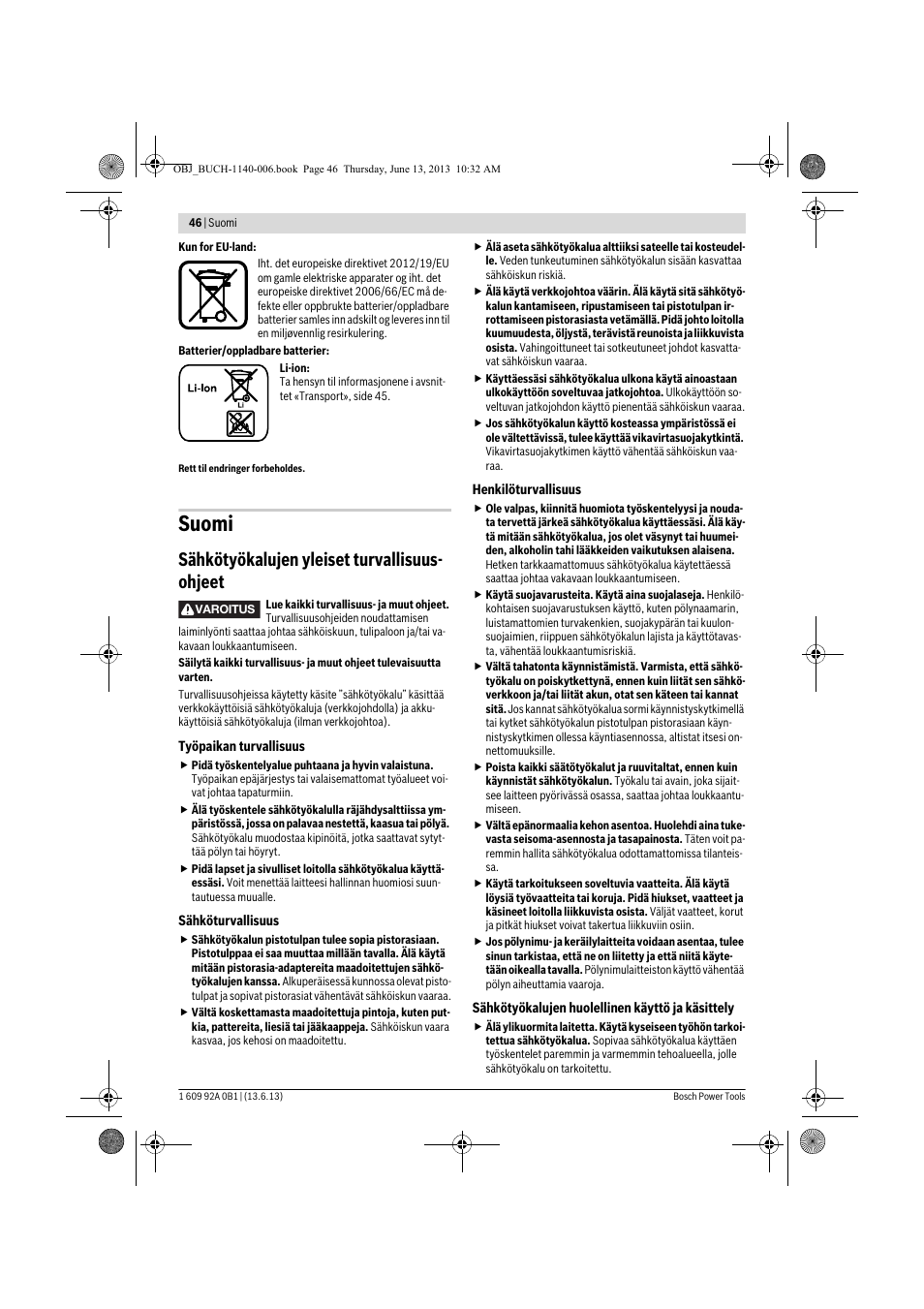 Suomi, Sähkötyökalujen yleiset turvallisuus- ohjeet | Bosch GDS 18 V-LI HT Professional User Manual | Page 46 / 142