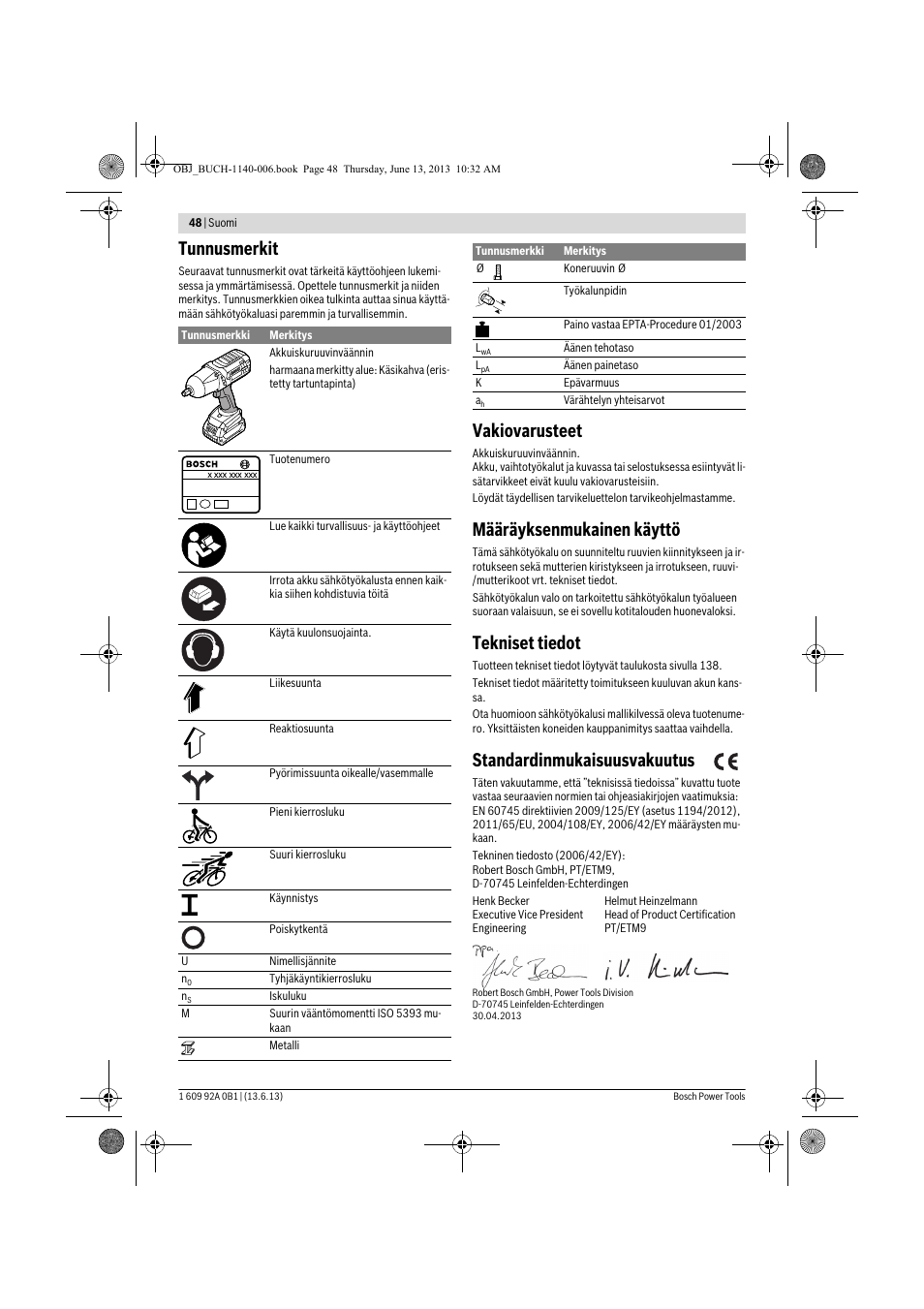 Tunnusmerkit, Vakiovarusteet, Määräyksenmukainen käyttö | Tekniset tiedot, Standardinmukaisuusvakuutus | Bosch GDS 18 V-LI HT Professional User Manual | Page 48 / 142