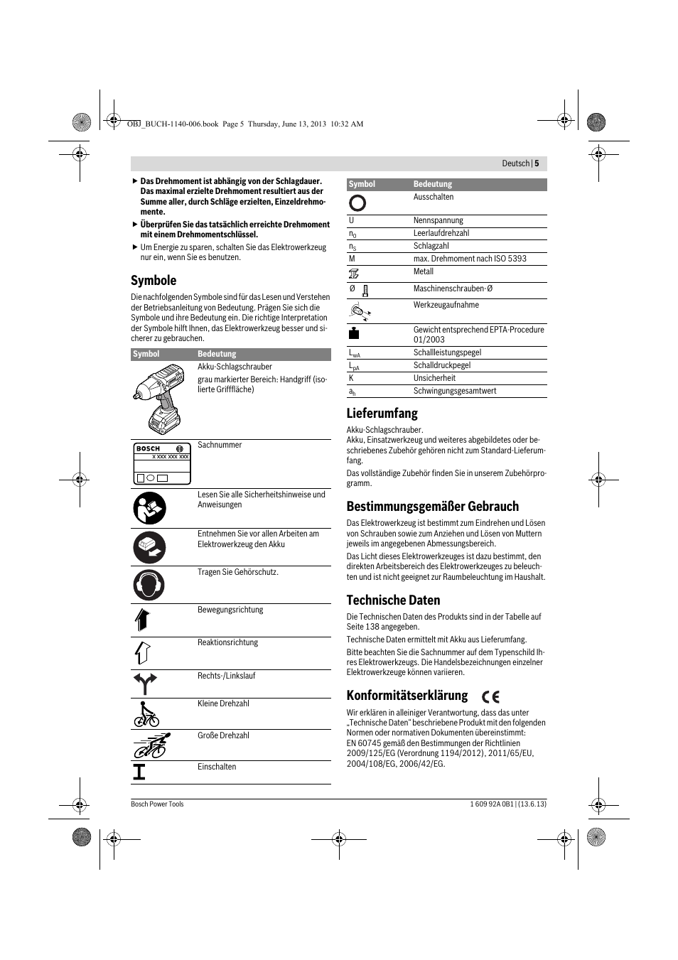 Symbole, Lieferumfang, Bestimmungsgemäßer gebrauch | Technische daten, Konformitätserklärung | Bosch GDS 18 V-LI HT Professional User Manual | Page 5 / 142