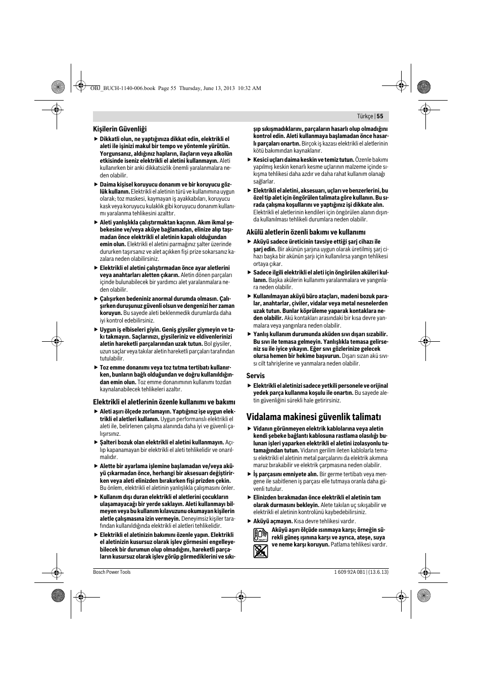 Vidalama makinesi güvenlik talimatı | Bosch GDS 18 V-LI HT Professional User Manual | Page 55 / 142