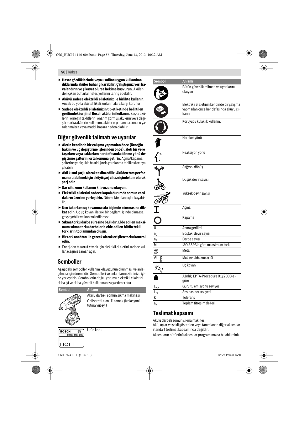 Diğer güvenlik talimatı ve uyarılar, Semboller, Teslimat kapsamı | Bosch GDS 18 V-LI HT Professional User Manual | Page 56 / 142