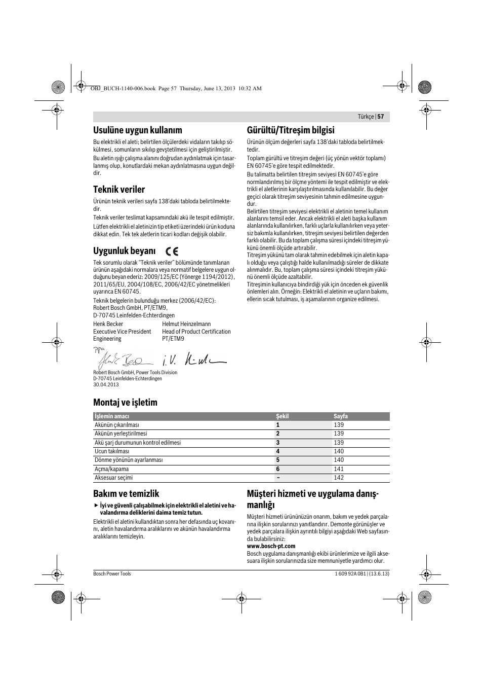 Usulüne uygun kullanım, Teknik veriler, Uygunluk beyanı | Gürültü/titreşim bilgisi, Montaj ve işletim bakım ve temizlik, Müşteri hizmeti ve uygulama danış- manlığı | Bosch GDS 18 V-LI HT Professional User Manual | Page 57 / 142