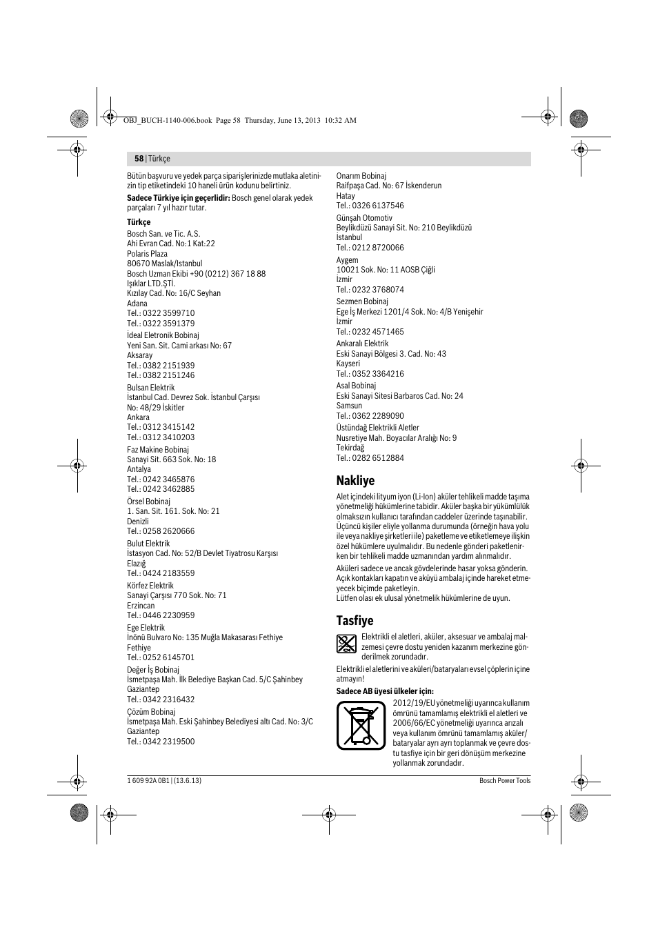 Nakliye, Tasfiye | Bosch GDS 18 V-LI HT Professional User Manual | Page 58 / 142