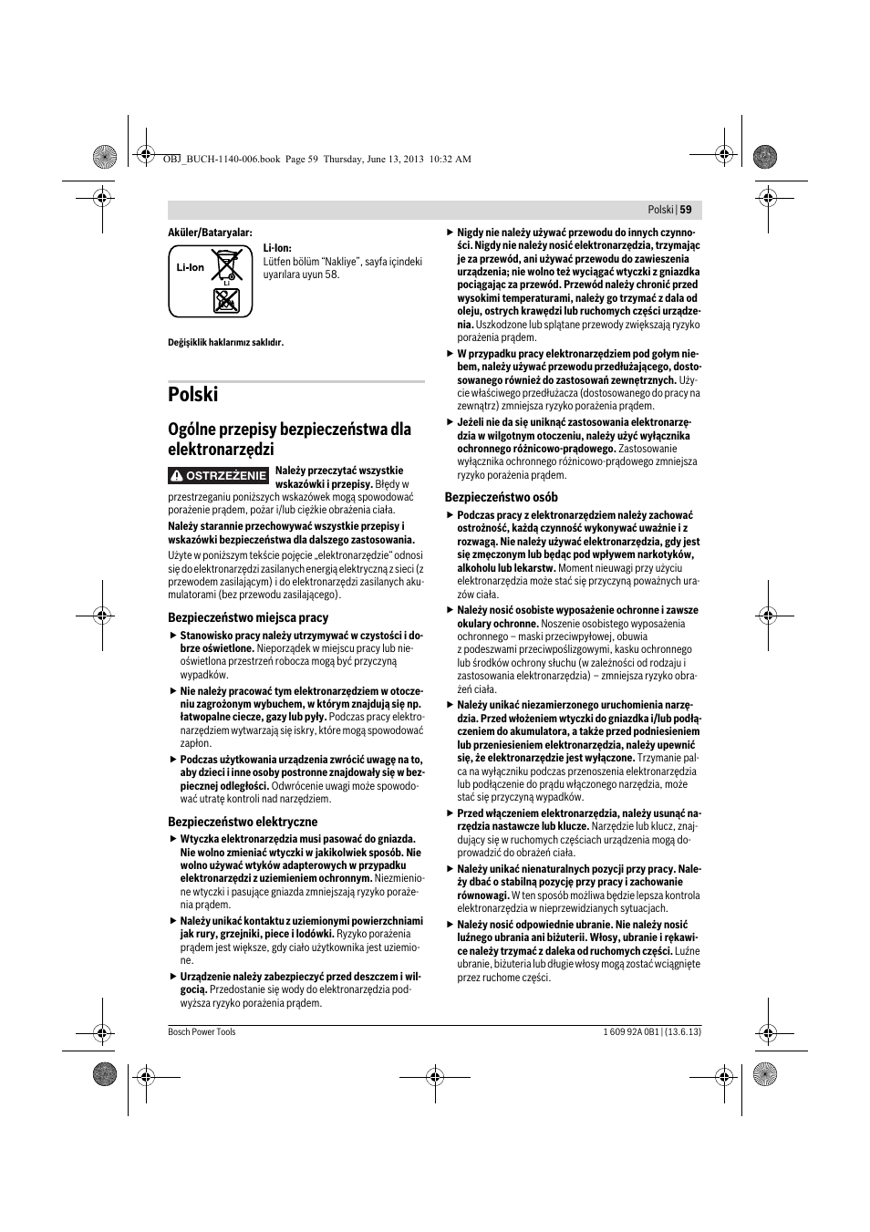 Polski, Ogólne przepisy bezpieczeństwa dla elektronarzędzi | Bosch GDS 18 V-LI HT Professional User Manual | Page 59 / 142