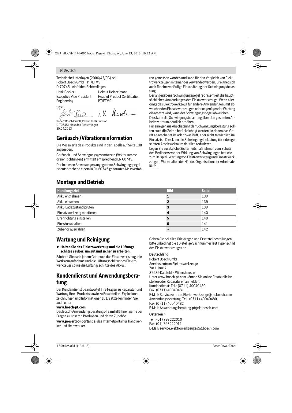 Geräusch-/vibrationsinformation, Montage und betrieb wartung und reinigung, Kundendienst und anwendungsbera- tung | Bosch GDS 18 V-LI HT Professional User Manual | Page 6 / 142