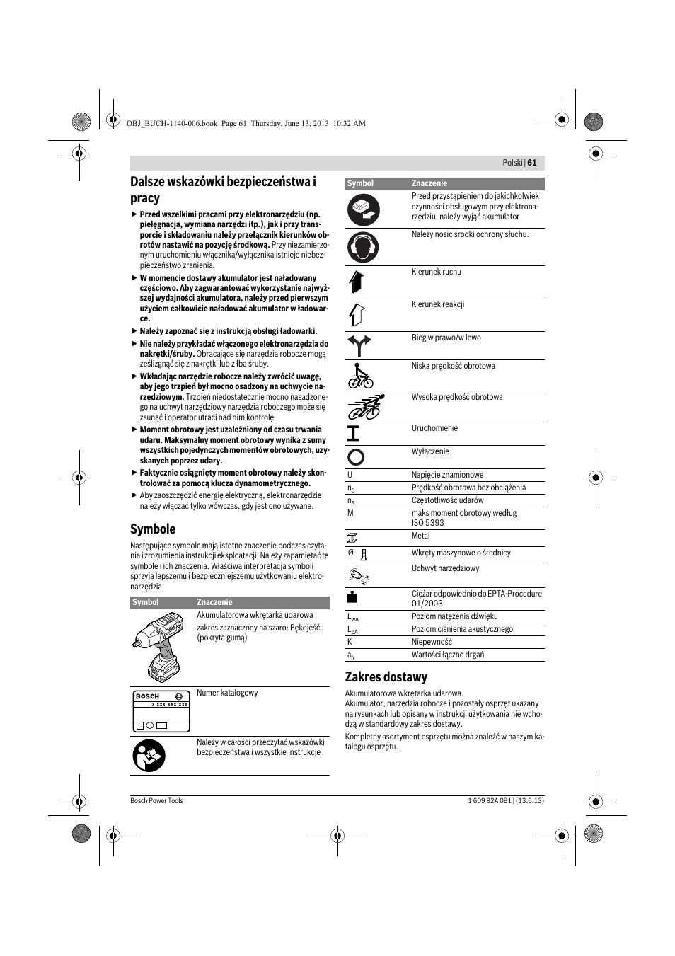 Dalsze wskazówki bezpieczeństwa i pracy, Symbole, Zakres dostawy | Bosch GDS 18 V-LI HT Professional User Manual | Page 61 / 142