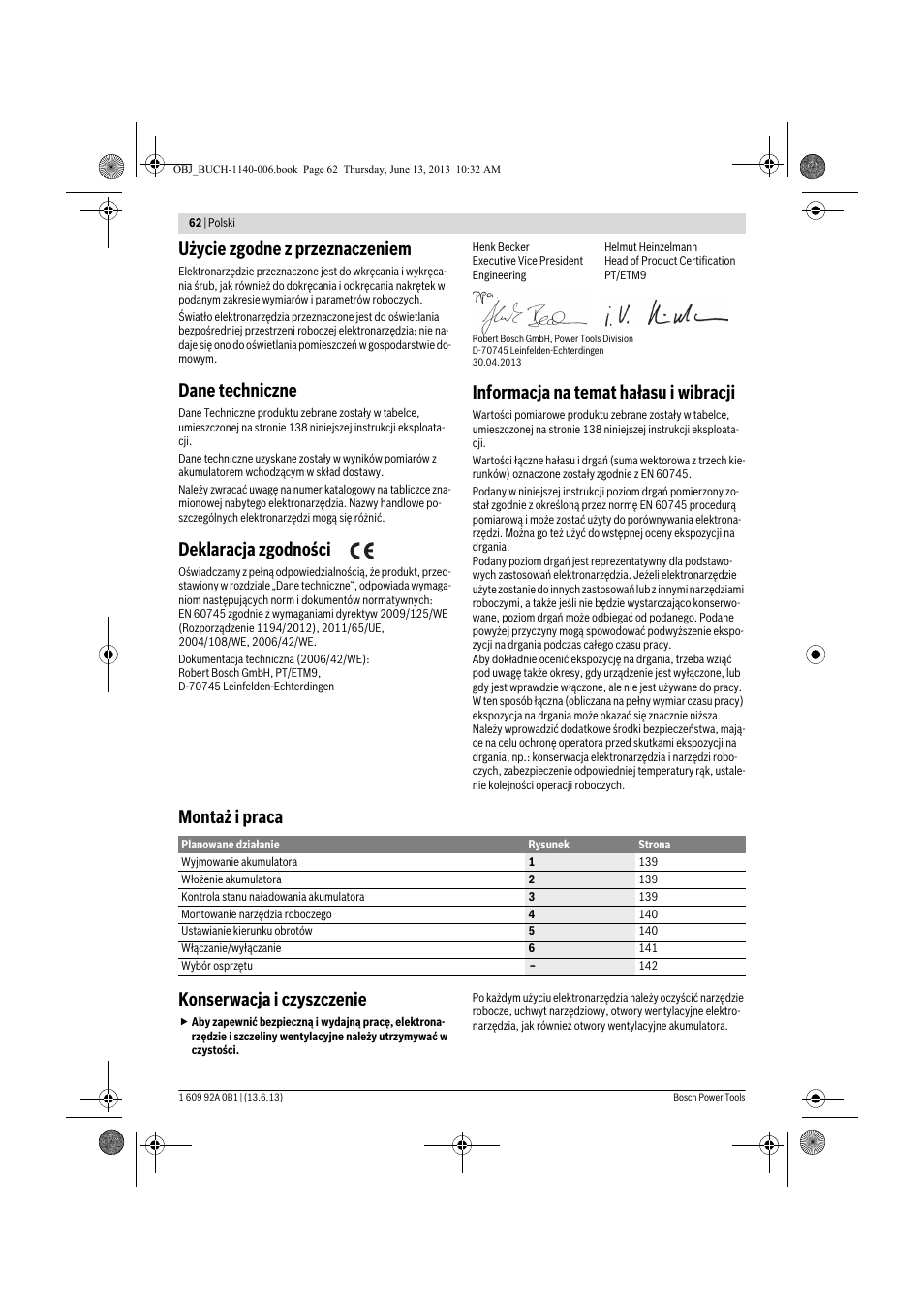 Użycie zgodne z przeznaczeniem, Dane techniczne, Deklaracja zgodności | Informacja na temat hałasu i wibracji, Montaż i praca konserwacja i czyszczenie | Bosch GDS 18 V-LI HT Professional User Manual | Page 62 / 142