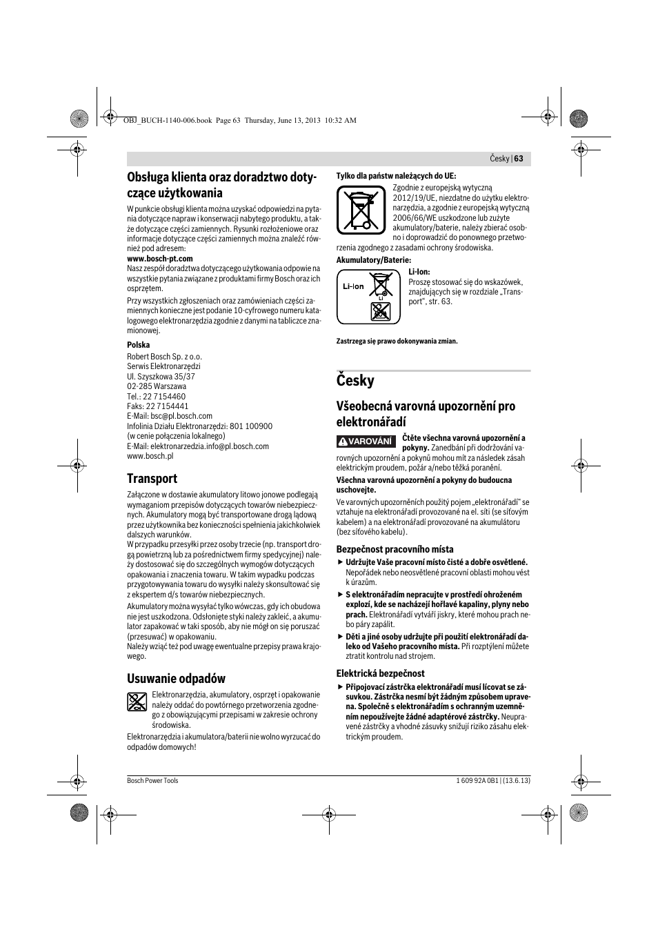 Česky, Transport, Usuwanie odpadów | Všeobecná varovná upozornění pro elektronářadí | Bosch GDS 18 V-LI HT Professional User Manual | Page 63 / 142