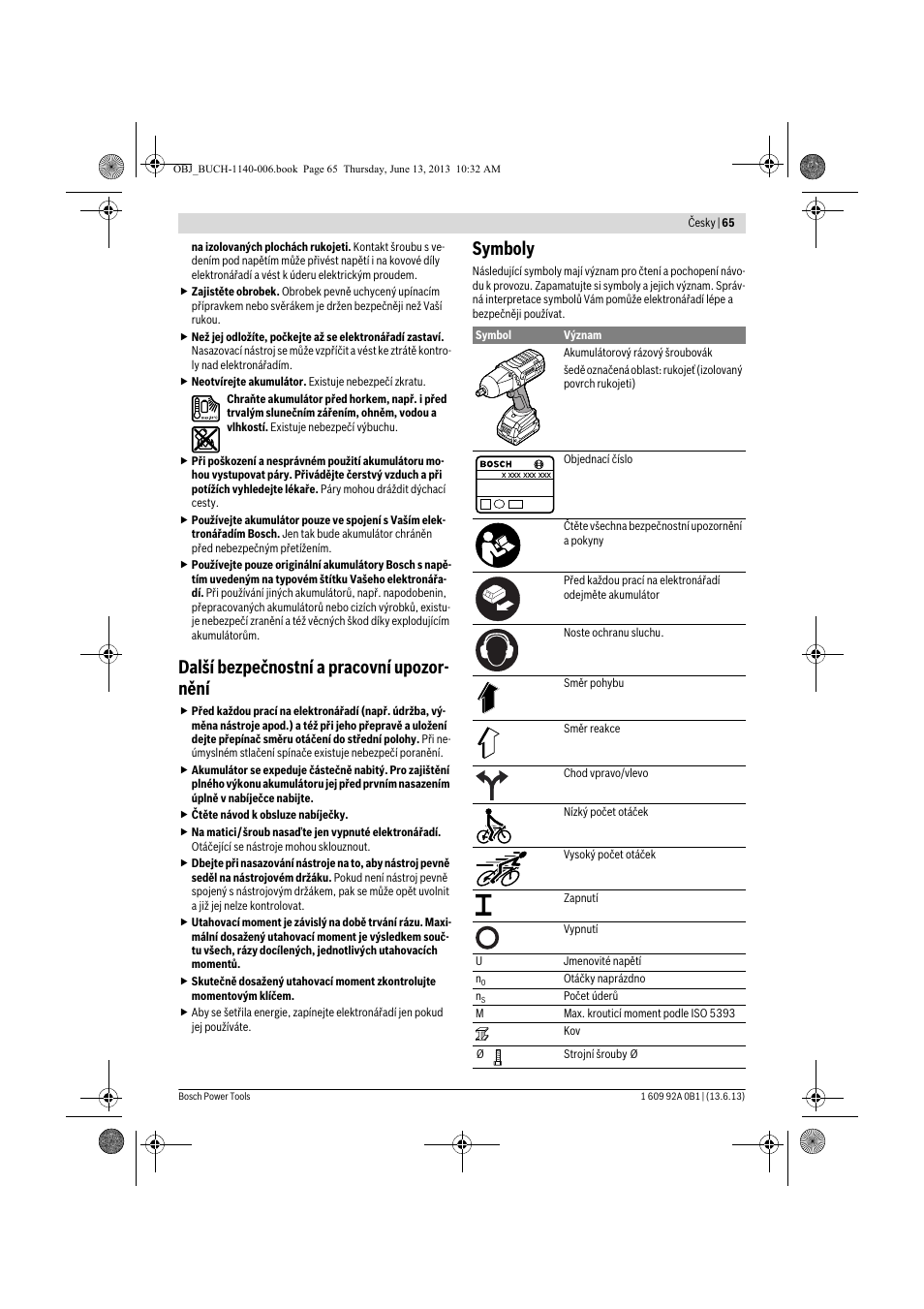 Další bezpečnostní a pracovní upozor- nění, Symboly | Bosch GDS 18 V-LI HT Professional User Manual | Page 65 / 142