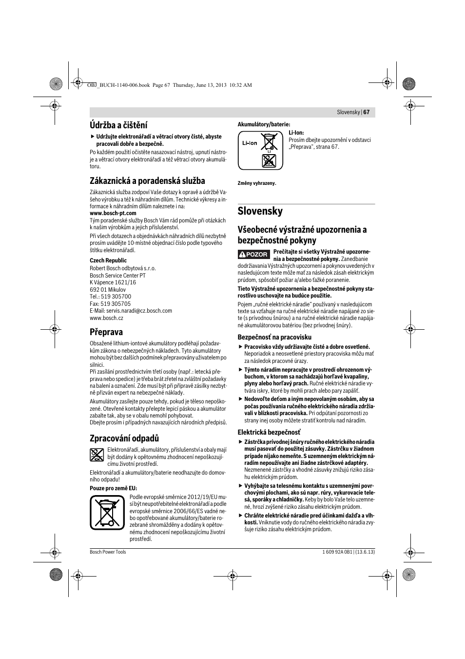 Slovensky, Údržba a čištění, Zákaznická a poradenská služba | Přeprava, Zpracování odpadů | Bosch GDS 18 V-LI HT Professional User Manual | Page 67 / 142