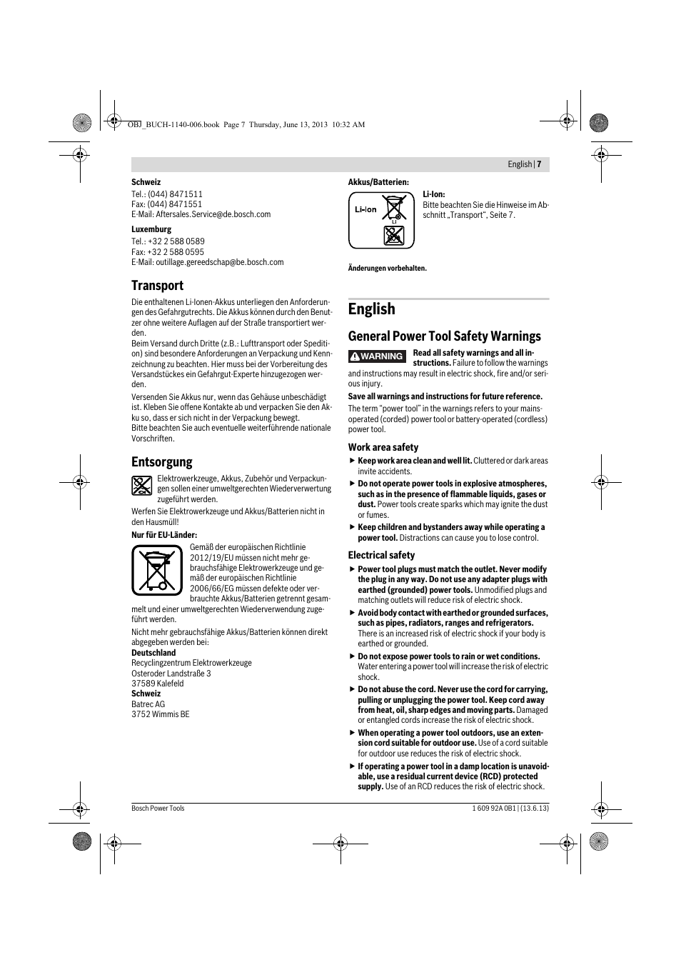 English, Transport, Entsorgung | General power tool safety warnings | Bosch GDS 18 V-LI HT Professional User Manual | Page 7 / 142