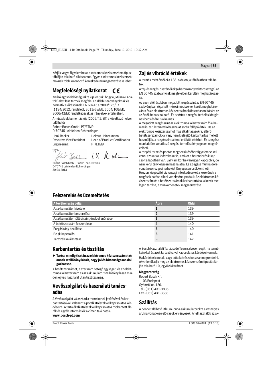 Megfelelőségi nyilatkozat, Zaj és vibráció értékek, Vevőszolgálat és használati tanács- adás | Szállítás | Bosch GDS 18 V-LI HT Professional User Manual | Page 75 / 142