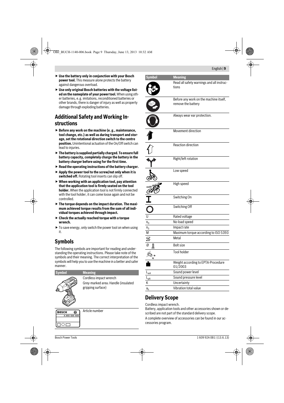 Additional safety and working in- structions, Symbols, Delivery scope | Bosch GDS 18 V-LI HT Professional User Manual | Page 9 / 142